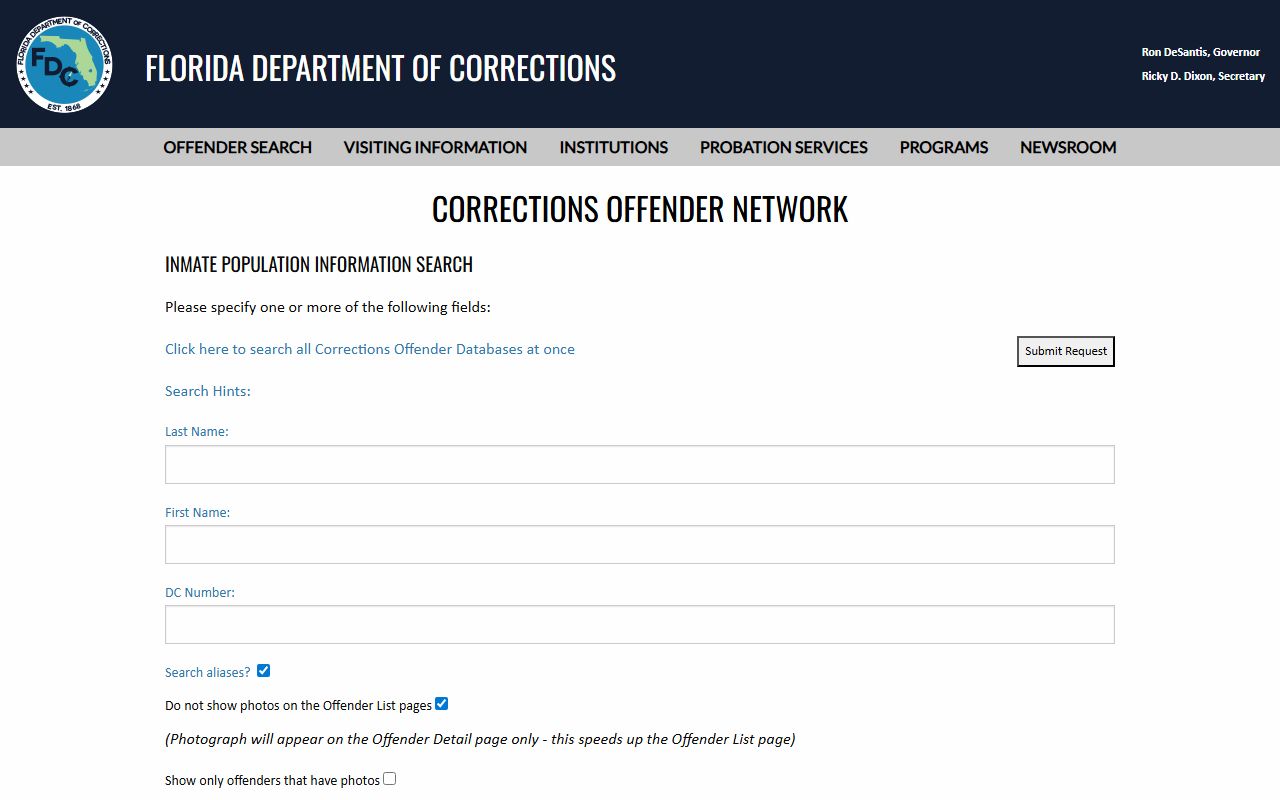Florida Department of Corrections sentenced inmate population search fields for an Okaloosa County state prison lookup