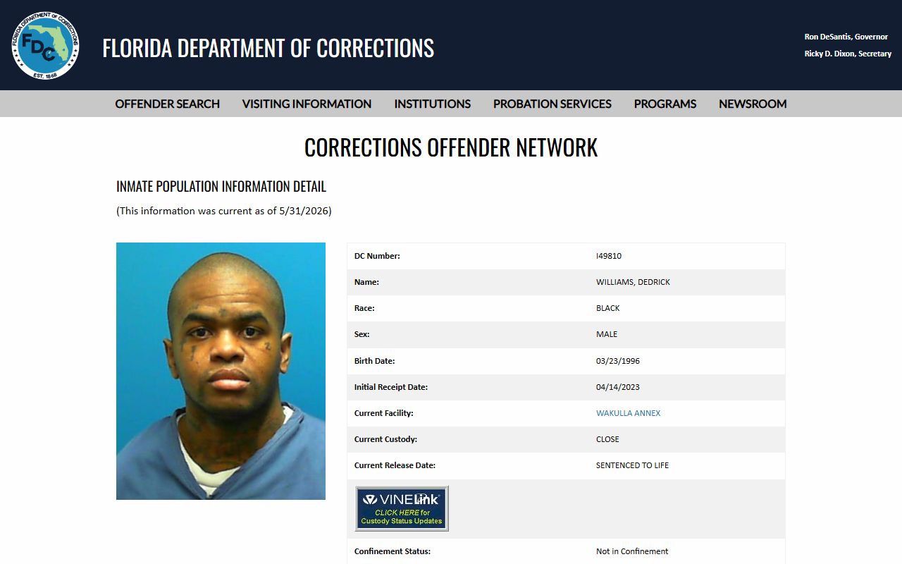 Florida Department of Corrections sample inmate profile used to look up Okaloosa Work Camp prisoners