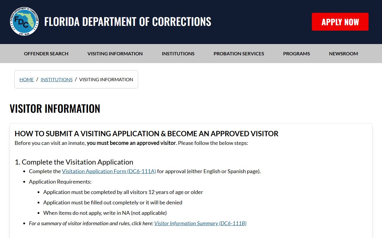 Florida Department of Corrections visitation page covering state prison approval and scheduling for Okaloosa Correctional Institution
