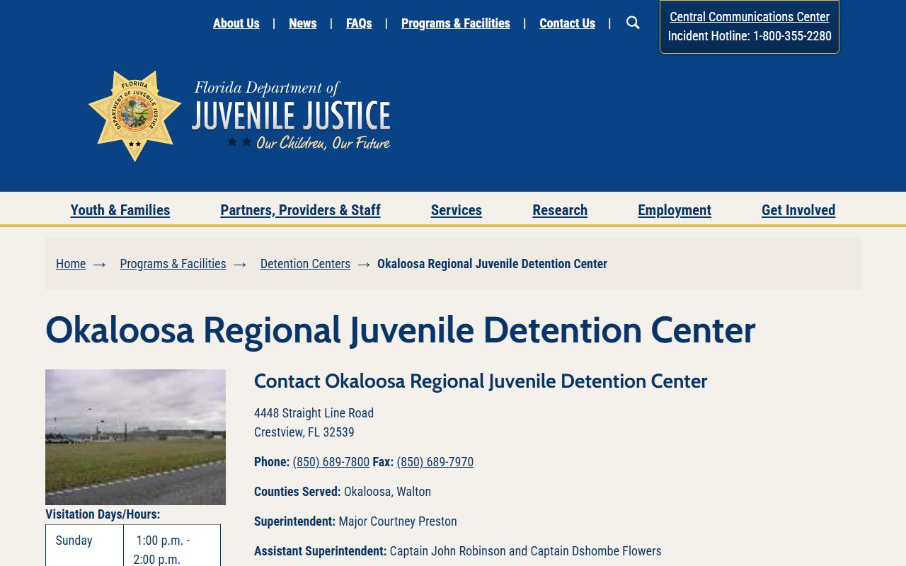 Florida DJJ page for the Okaloosa Regional Juvenile Detention Center showing capacity and visitation for detained youth