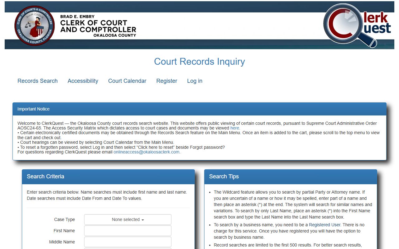 Okaloosa ClerkQuest court records search interface used to find court records after a jail arrest
