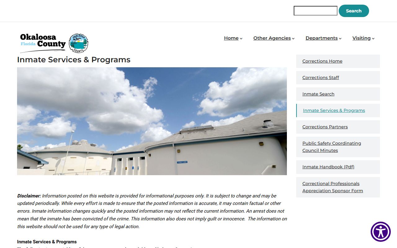 Okaloosa County inmate services page covering HomeWAV visitation, mail, and commissary for jail inmate records