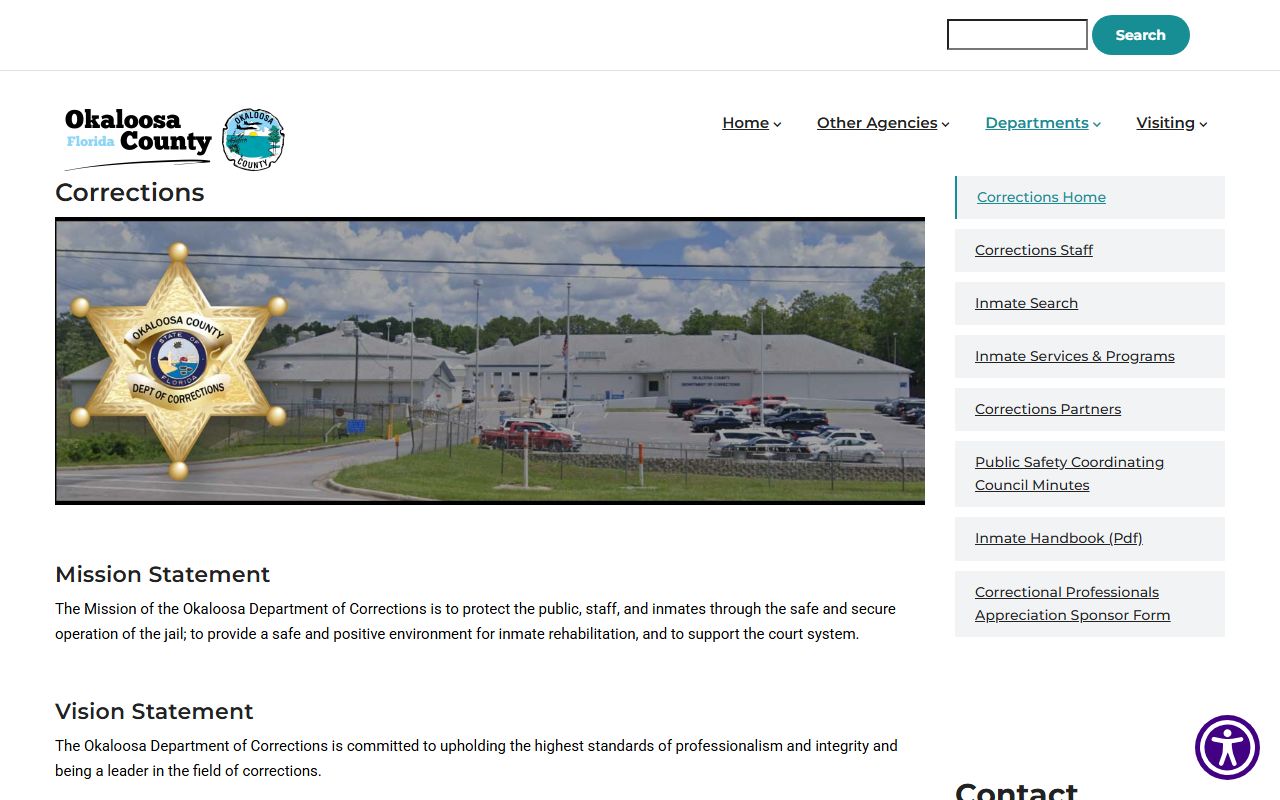 Okaloosa County Corrections home page showing the jail contact block and inmate population search links