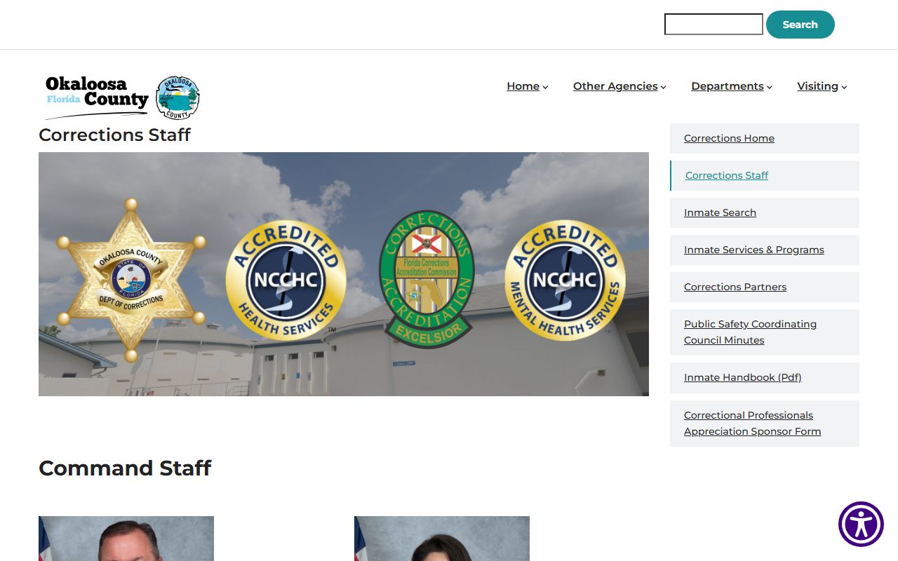 Okaloosa County Department of Corrections command staff and accreditation page for the county jail inmate population
