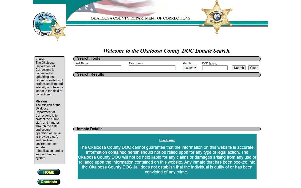 Okaloosa County DOC inmate locator search fields, results panel, and inmate details for an inmate population lookup
