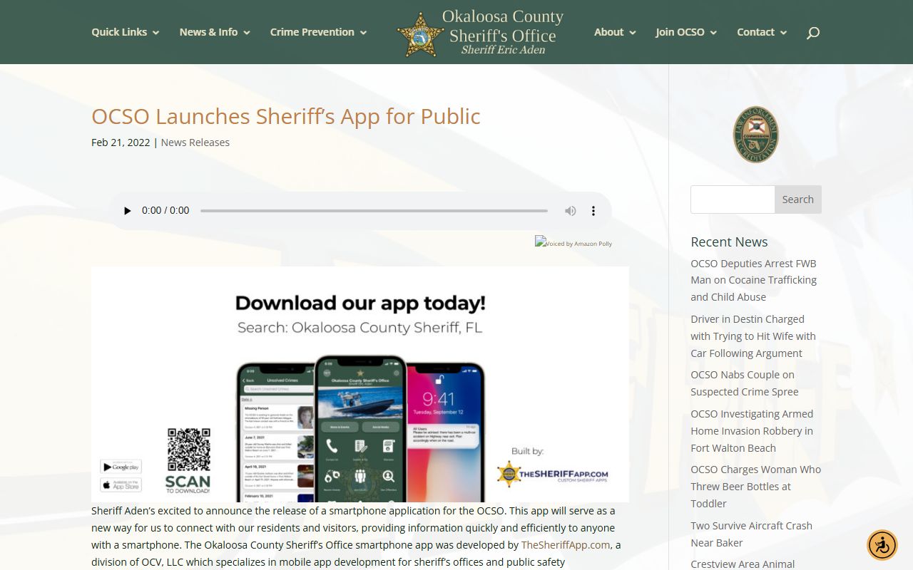 Okaloosa County Sheriff app announcement listing recent arrests and warrants features for inmate records
