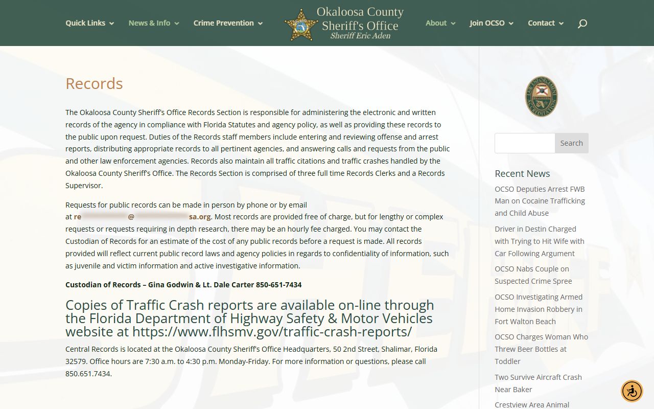 Okaloosa County Sheriff Records Division page with request options for jail booking photos and arrest records