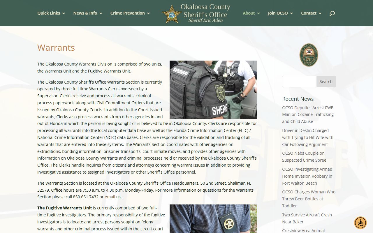 Okaloosa County Sheriff Warrants Division page explaining warrant processing behind court records after an arrest